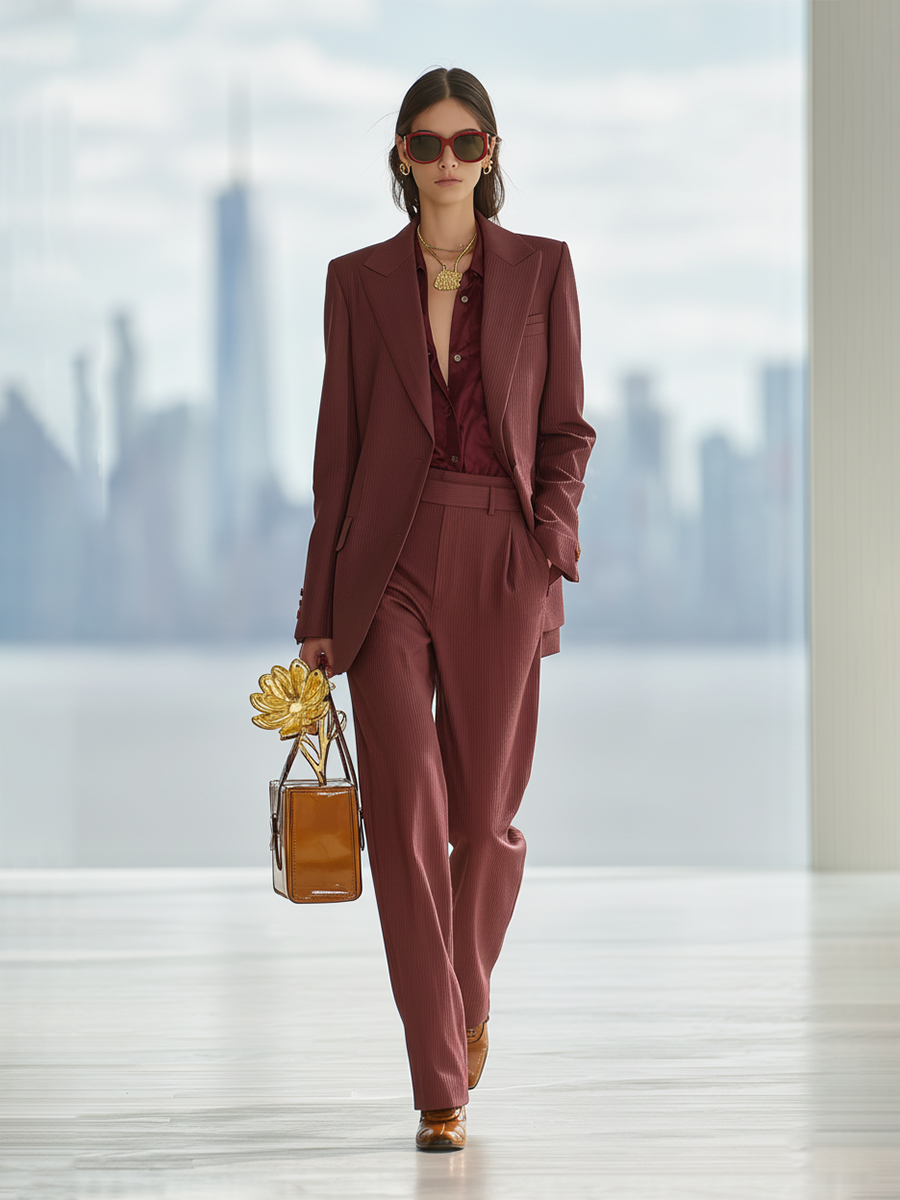 Women's Burgundy Structured Fabric Sophisticated Pinstripe Blazer & Pant Set MDA0533K9I