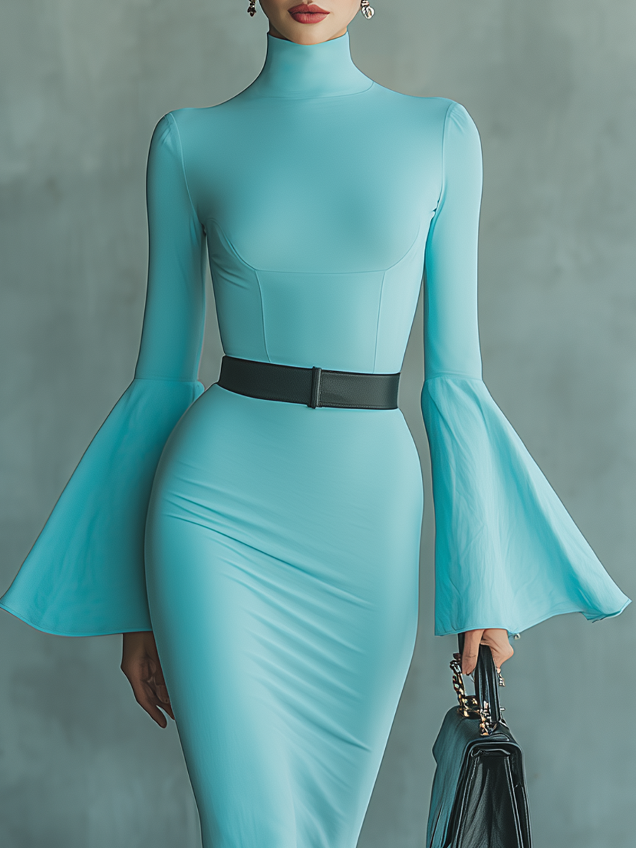 Women’s Lake Blue Mixed Fabric Bell Sleeve Slim Fit Maxi Dress (Without Belt) MDA2942G6T