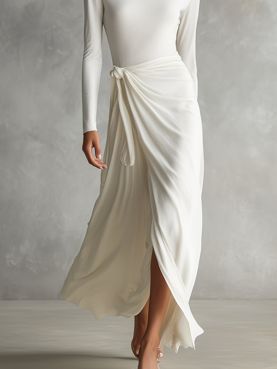 Women's White Elegant Silk - Blend Knotted Wrap Slit Maxi Dress MDA1925I6I