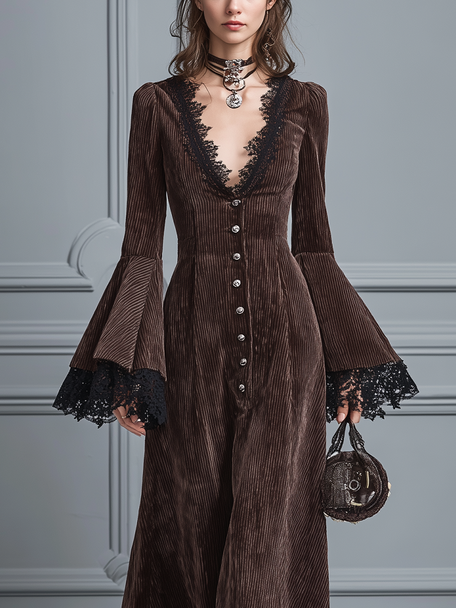 Women's Retro Style Coffee Corduroy Lace High-Waisted Long-Sleeve Maxi Dress MDA0659K6T