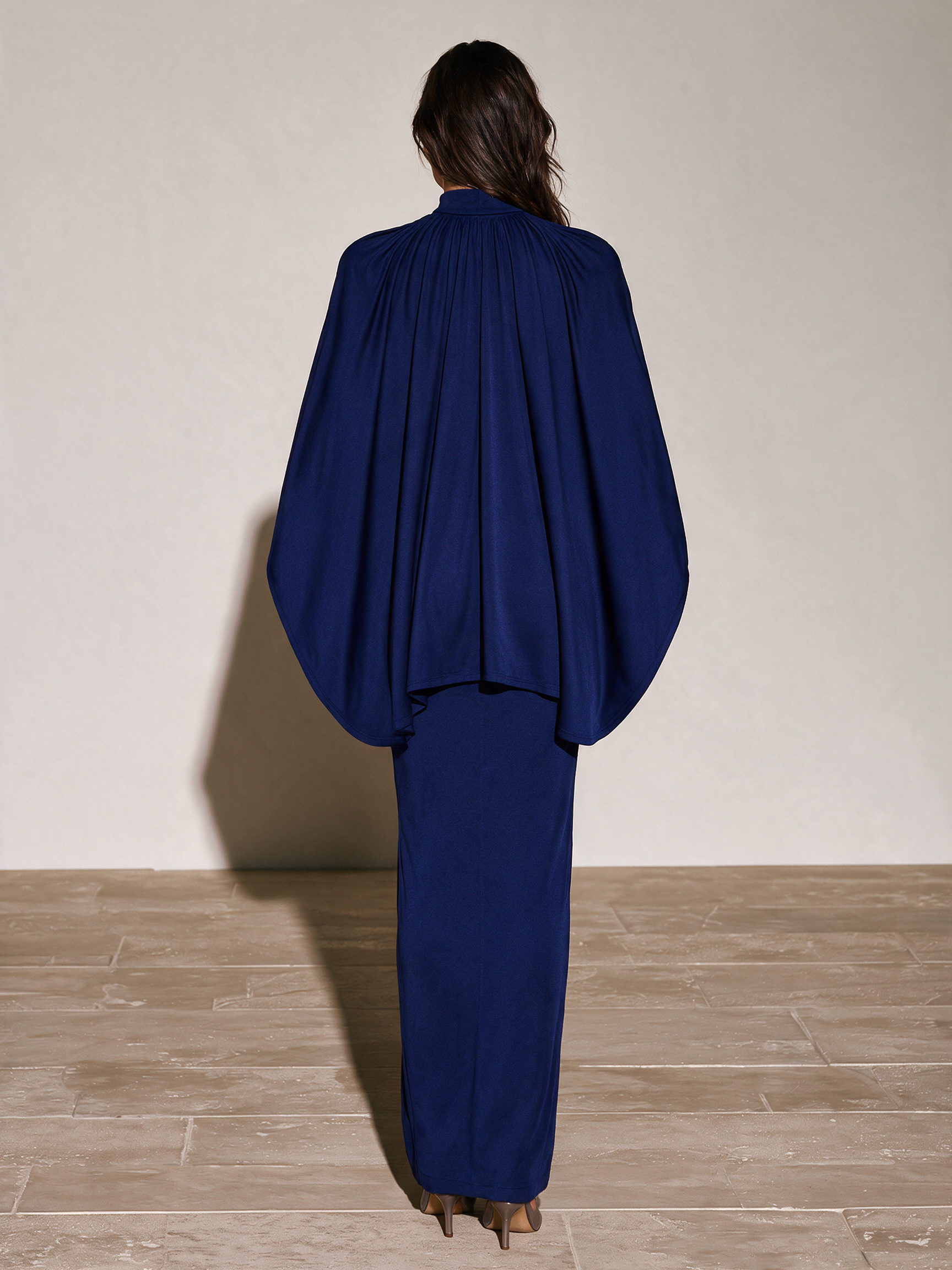 Women's Navy Blue Mock Neck Cape Sleeve Bodycon Maxi Dress