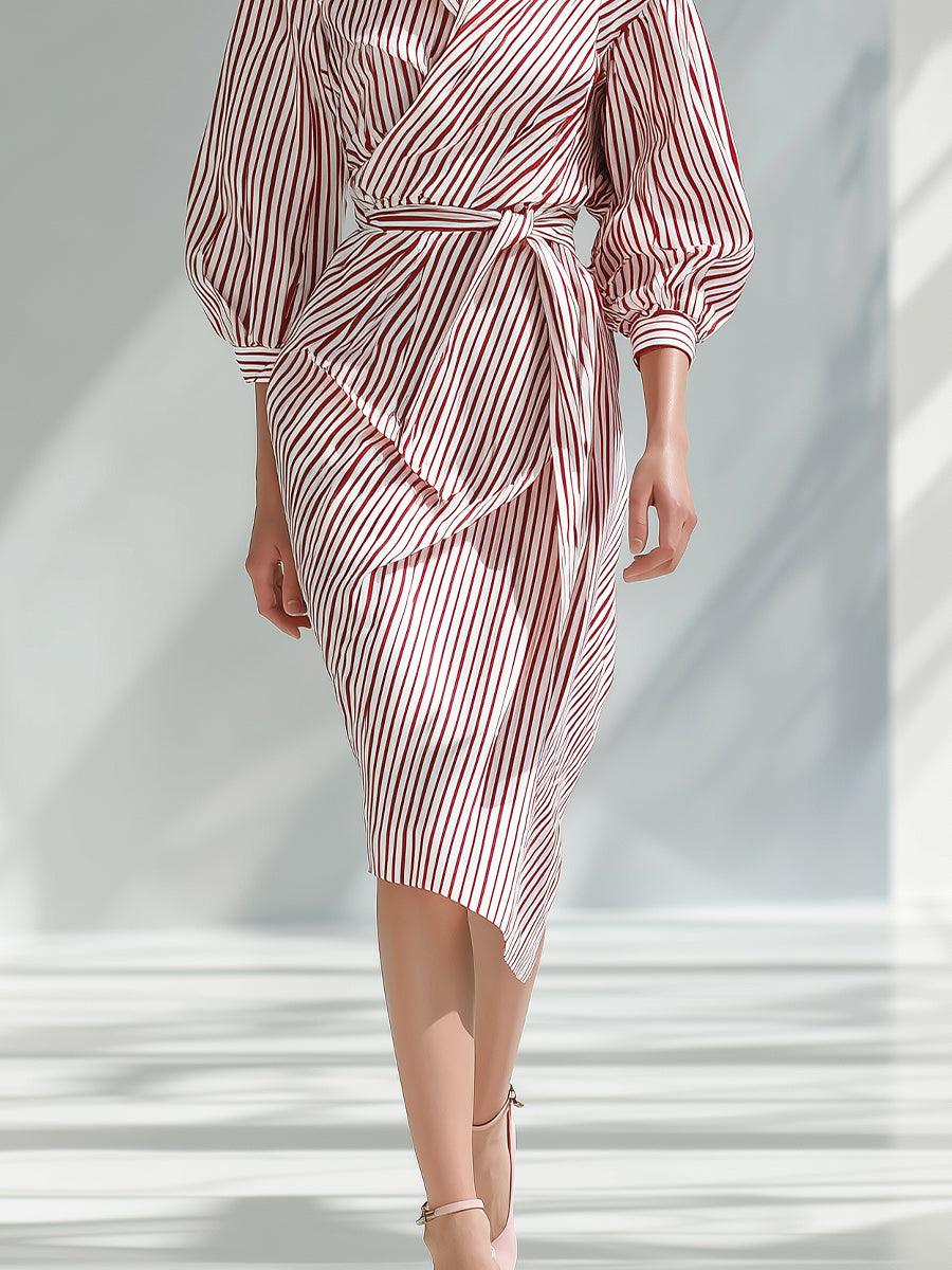 Women's Red - White Striped Elegant Cotton Wrap - Belted Midi Dress MDA0608H1I