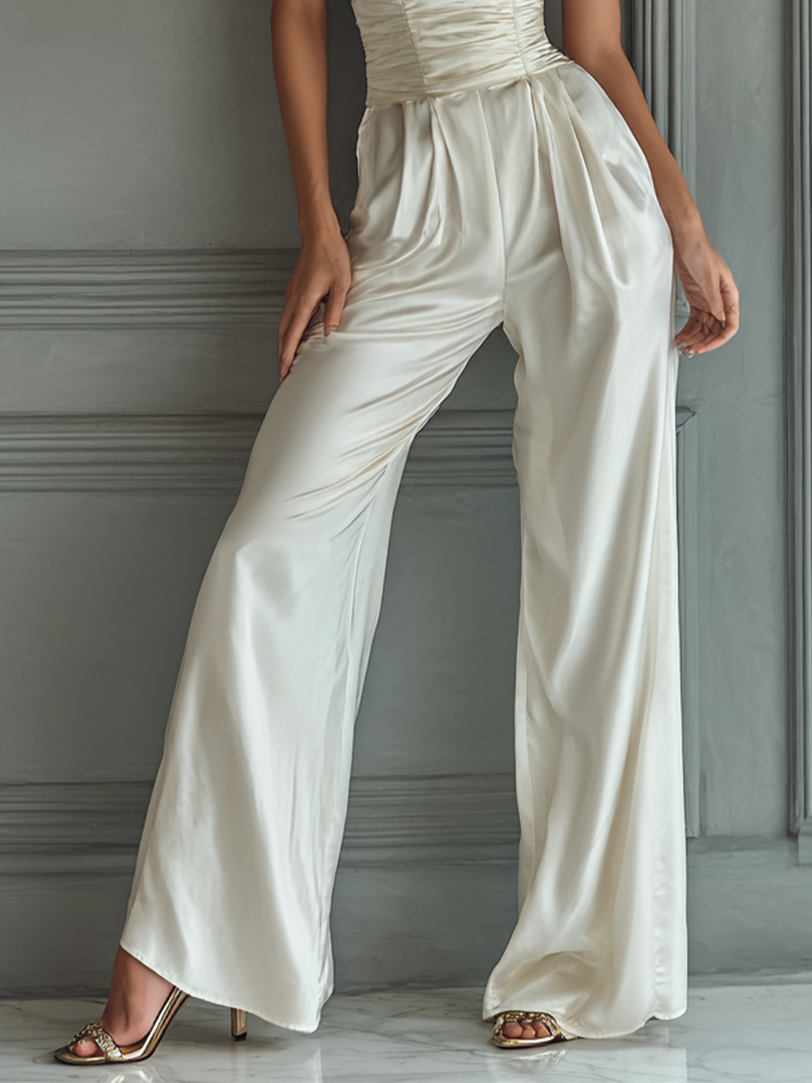 Women's Ivory Satin Fabric Halter Jumpsuit With Deep V-Neck & Elastic Waist MDZ1460A6T