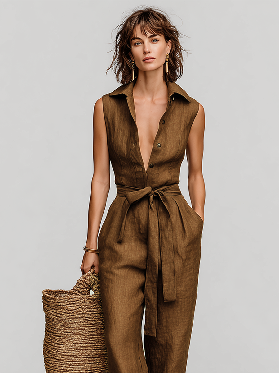 Women's Tobacco Brown Linen Jumpsuit With Self-Tie Waist & Collared V-Neck, Timeless Resort-Casual Style Jumpsuit MDZ0638B5I