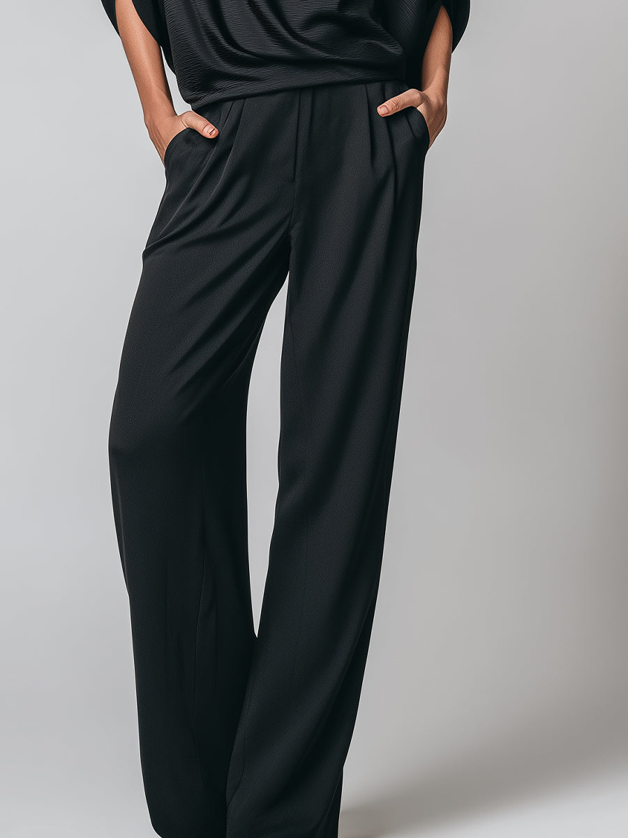 Women's Black Satin Elegant Batwing Sleeve & Wide-Leg Pant Set MDA0153K6I