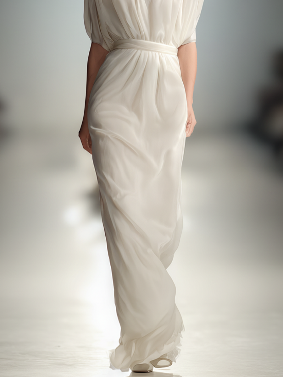 Women's Ivory Chiffon Dress With Puff Sleeves & Self-Tie Belt, Timeless Romantic-Luxe Style Dress MDA2517L8I