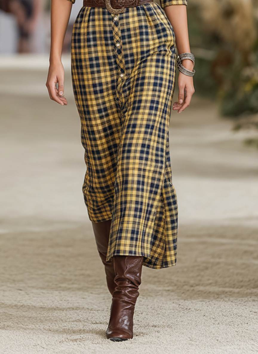 Women's Plaid Print Lapel Maxi Dress (Belt Not Included) MDA2532J0Y