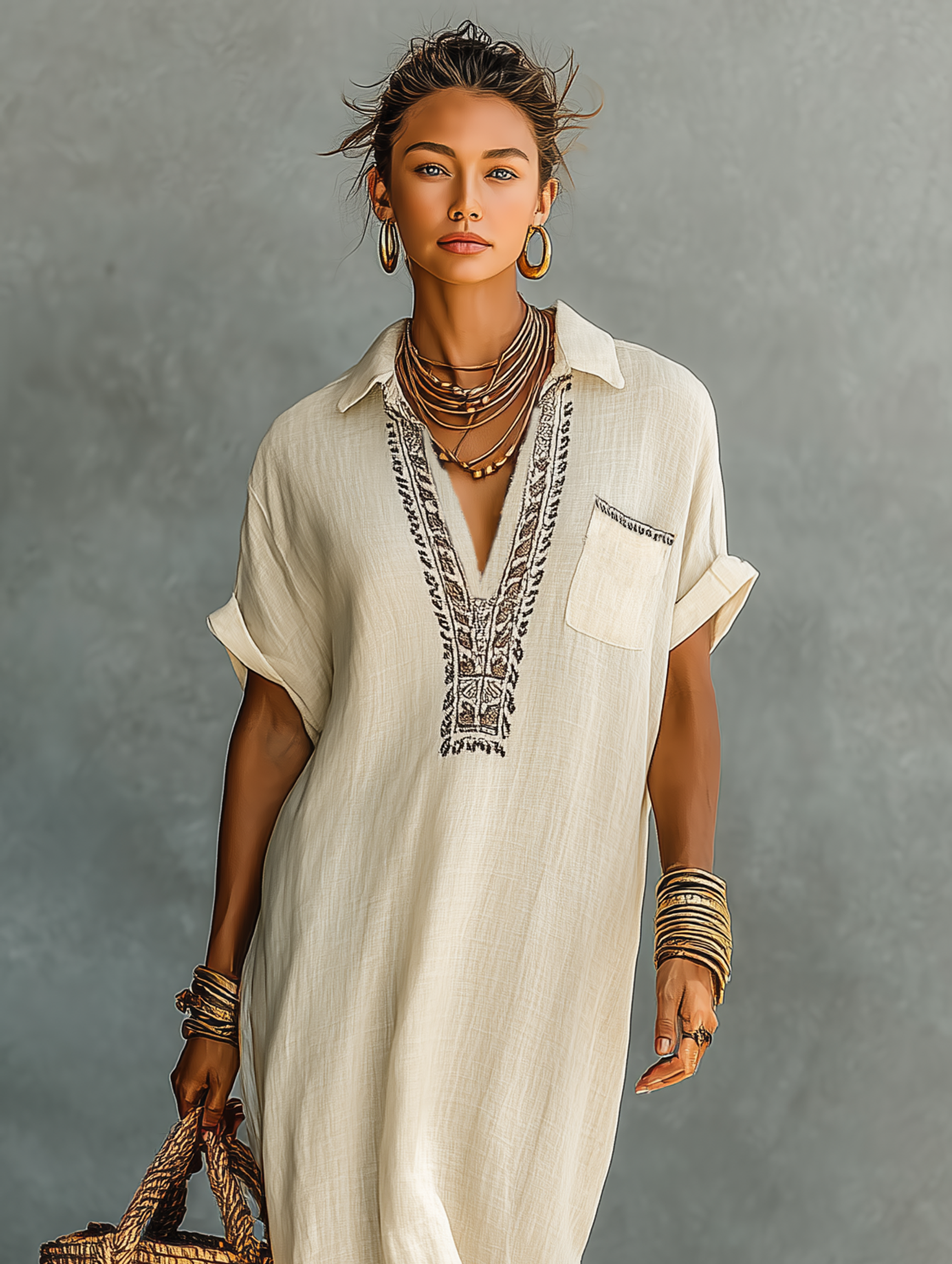 Women's Minimalist Linen-blend Embroidered Maxi Dress MDZ0685A0Y