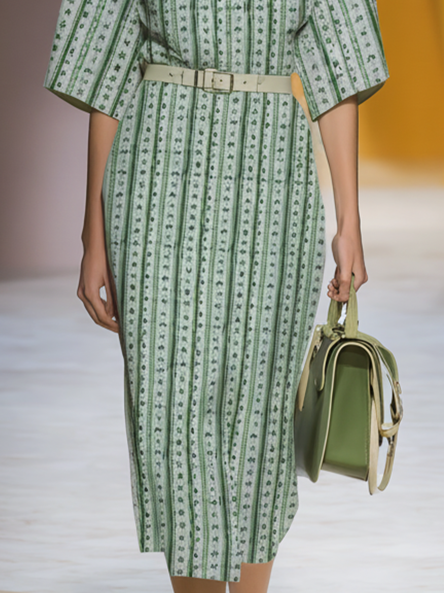 Women's Green-and-White Striped Fabric Stand-Collar Half-Sleeve Belted Midi Dress MDA2219L8T