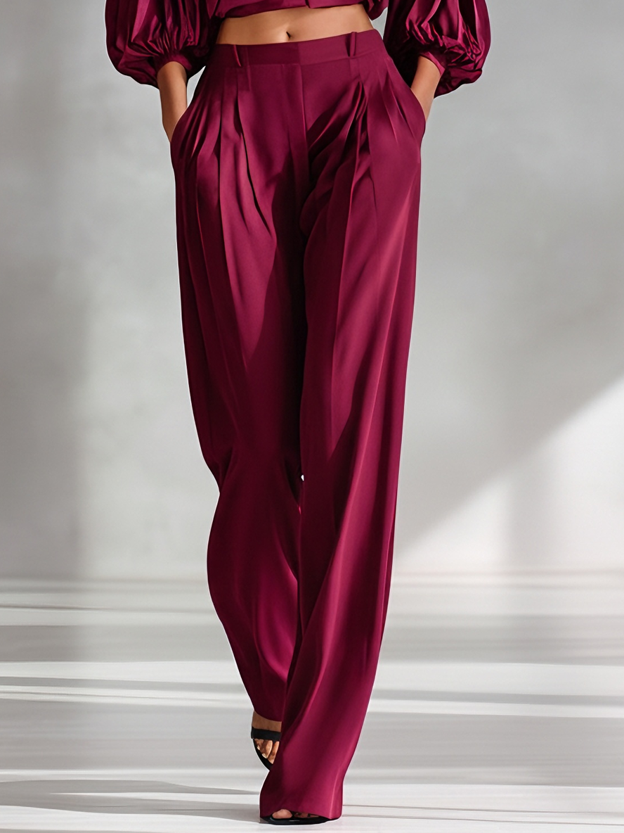Women's Luxe Satin Burgundy Puff-Sleeve Cropped Shirt & Wide-Leg Pants Set MDA2437L8AU
