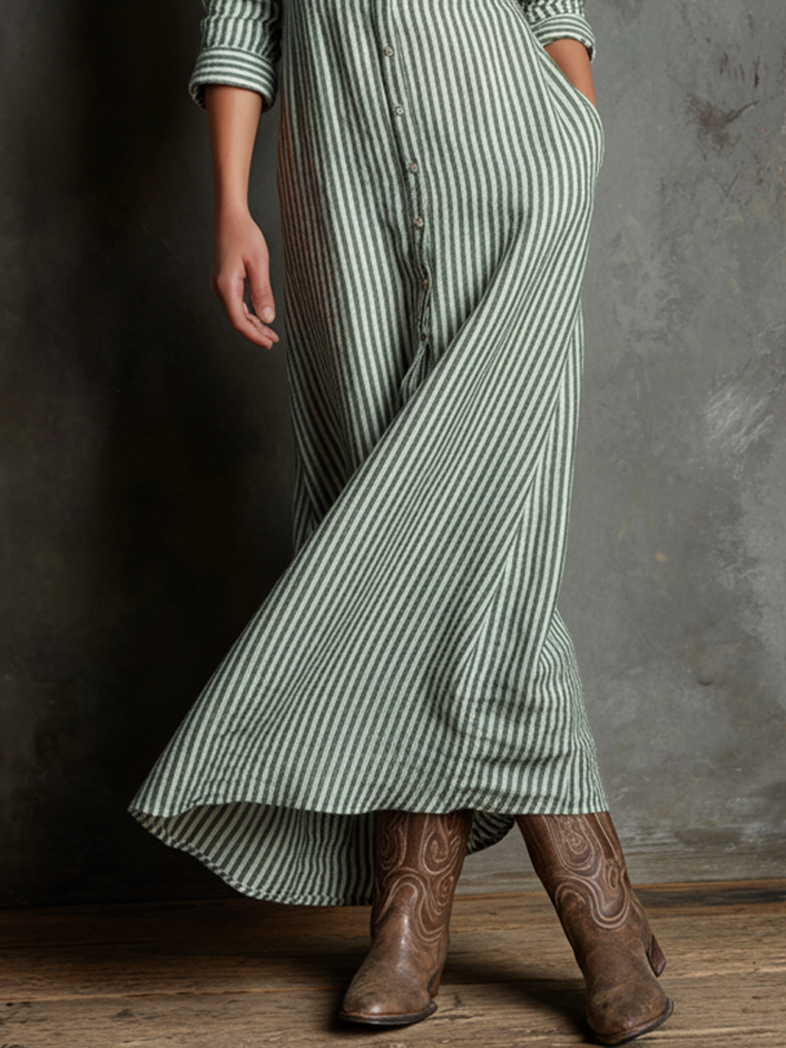 Women's Striped Pure Cotton Single-breasted Shirt Maxi Dress MDA0457L7Y