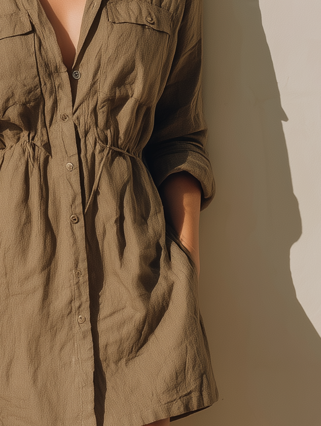 Women's Fashionable And Casual Olive Green Shirt Collar Long-sleeved Short Dress With Pockets At The Chest And Adjustable Gathered Waist MDA1702K9AN