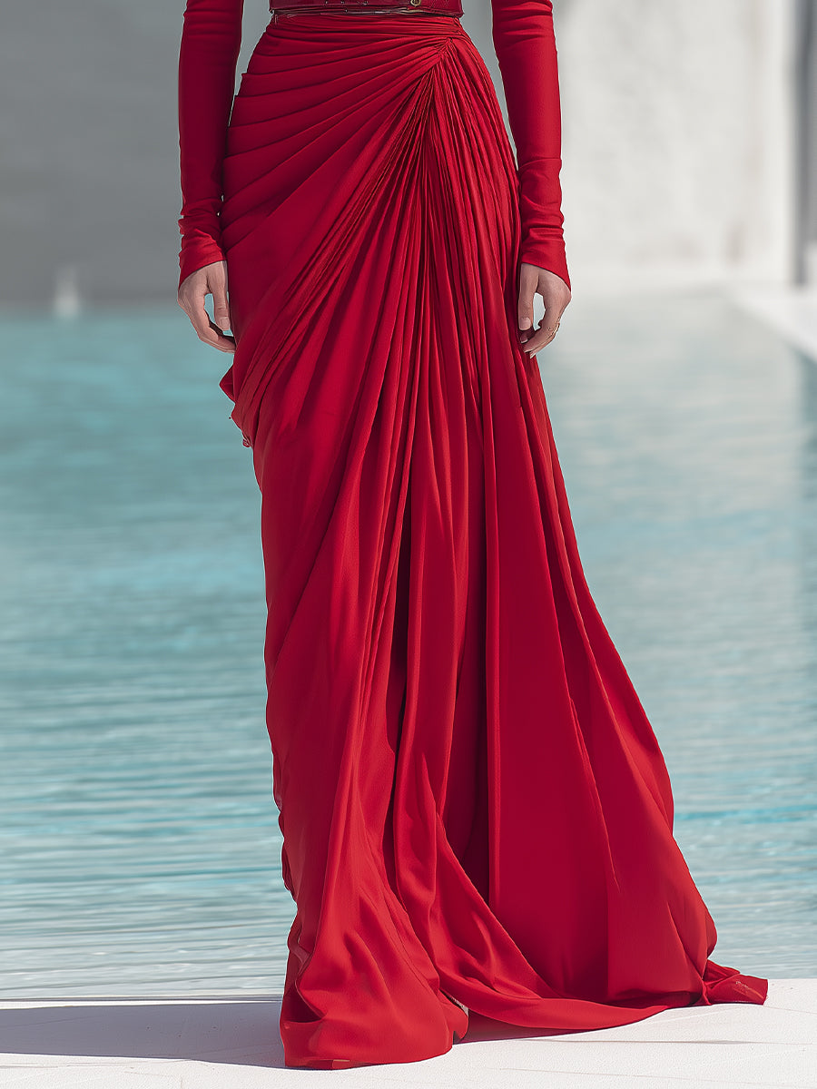 Women's Red Flowy Polyester Blend Maxi Dress With Intricate Draping & Long Sleeves, Sophisticated Formal Dresss MDA2465J8I