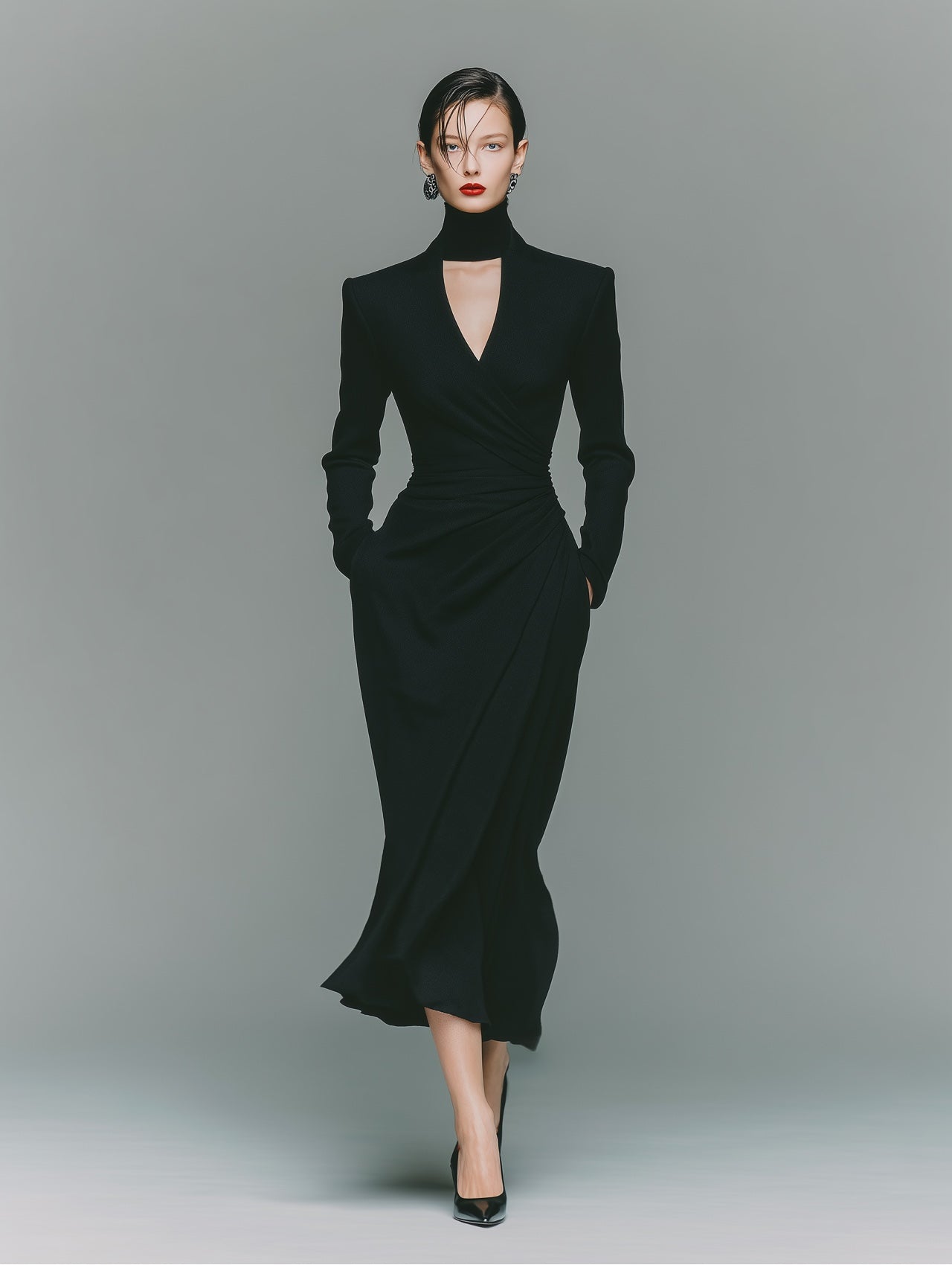 Women's Stylish And Elegant Black V-neck Slim-fit Long-sleeved Midi Dress (neck Warmer Not Included) MDA2511K0AN