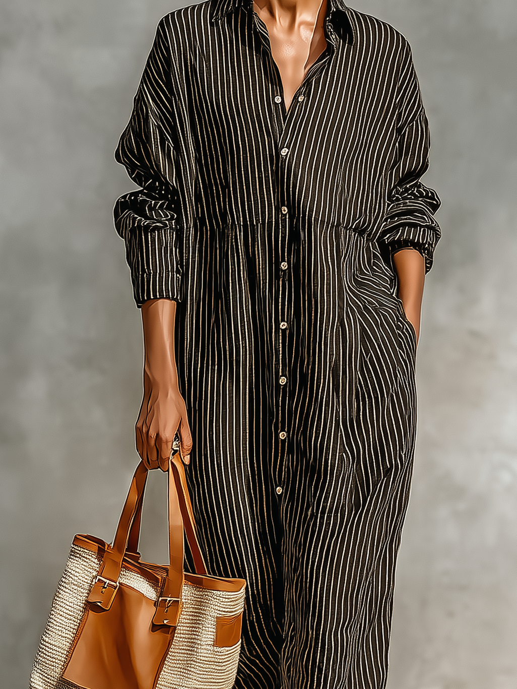 Women's Fashionable Black And White Striped Loose Woven Long-sleeved Shirt Dress MDA1564L5AN