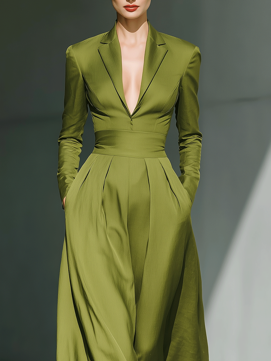 Women's Elegant Olive Green High Waist Suit V-Neck Blended Maxi Dress MDA2958G7I