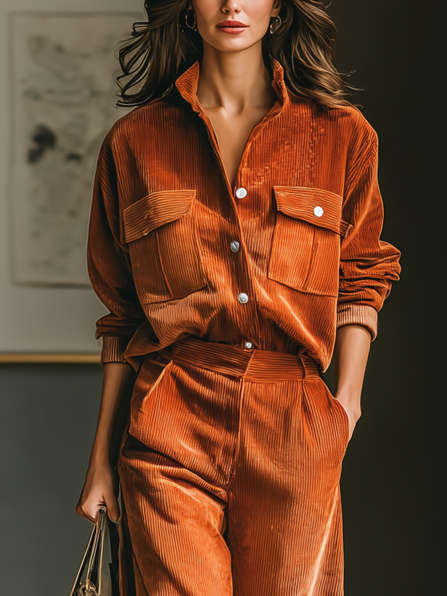 Women's Orange Corduroy Jacket And Pants Set MDA1935I2T