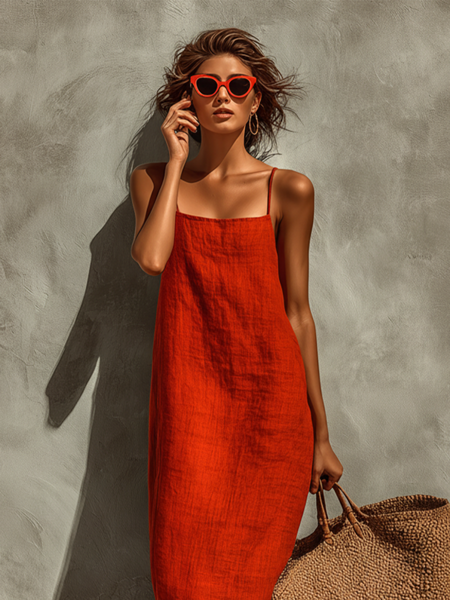 Women's Red Cotton Dress With Spaghetti Straps & Square Neck, Timeless Boho-Resort Style Dress MDZ0924C3I