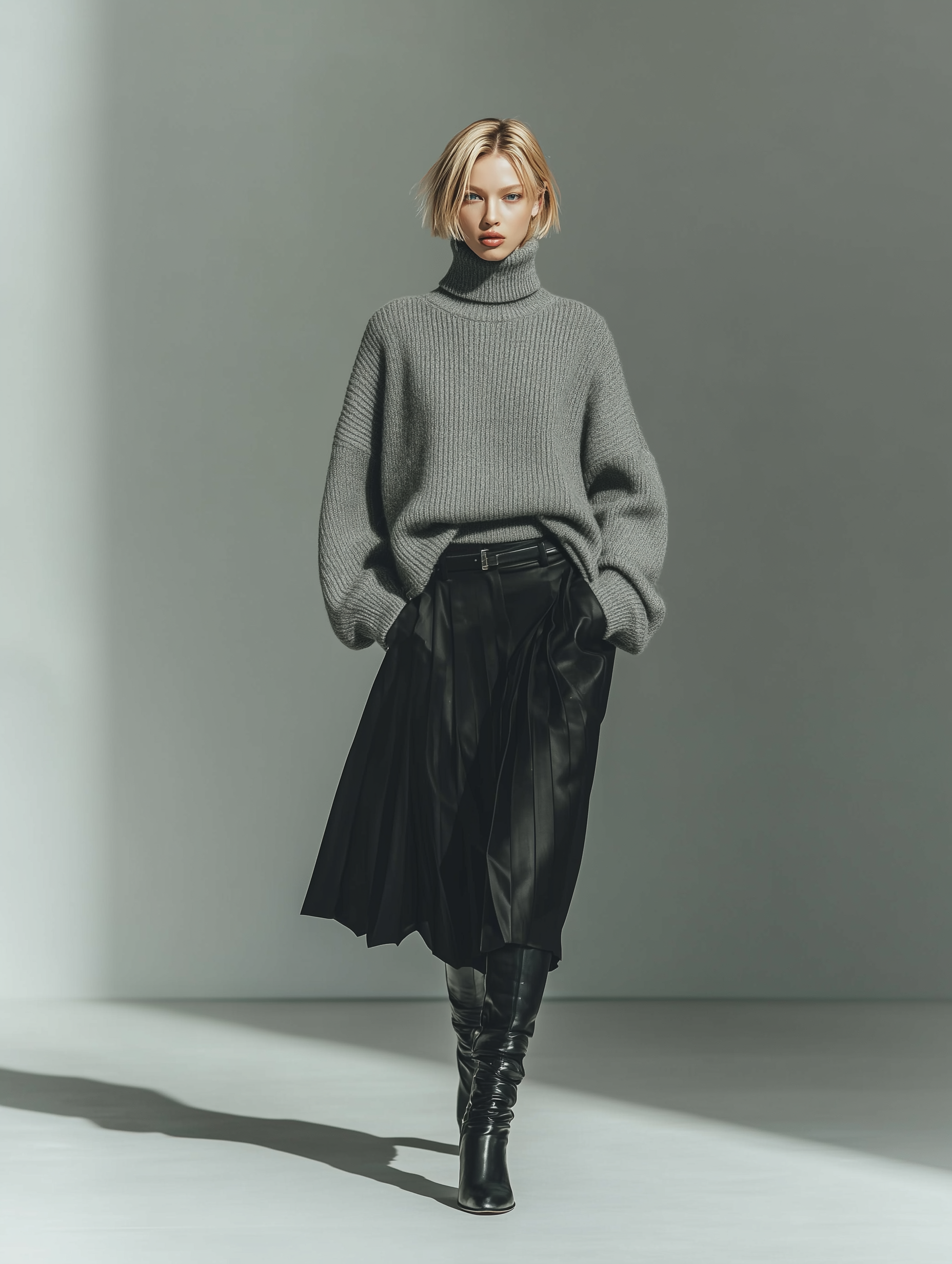 Women's Fashionable And Elegant Gray Turtleneck Long-sleeved Loose Knit Top Paired With A Black Pleated Skirt (belt Not Included) MDA2971K7AN