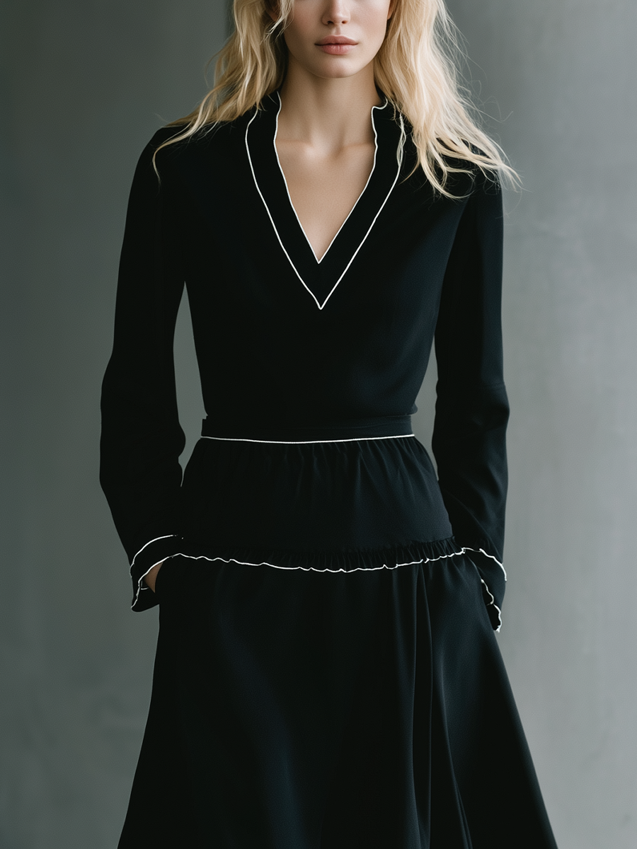 Women's Black Chiffon Color-Blocked Piping V-Neck Long-Sleeve Midi Dress MDA0820K4T