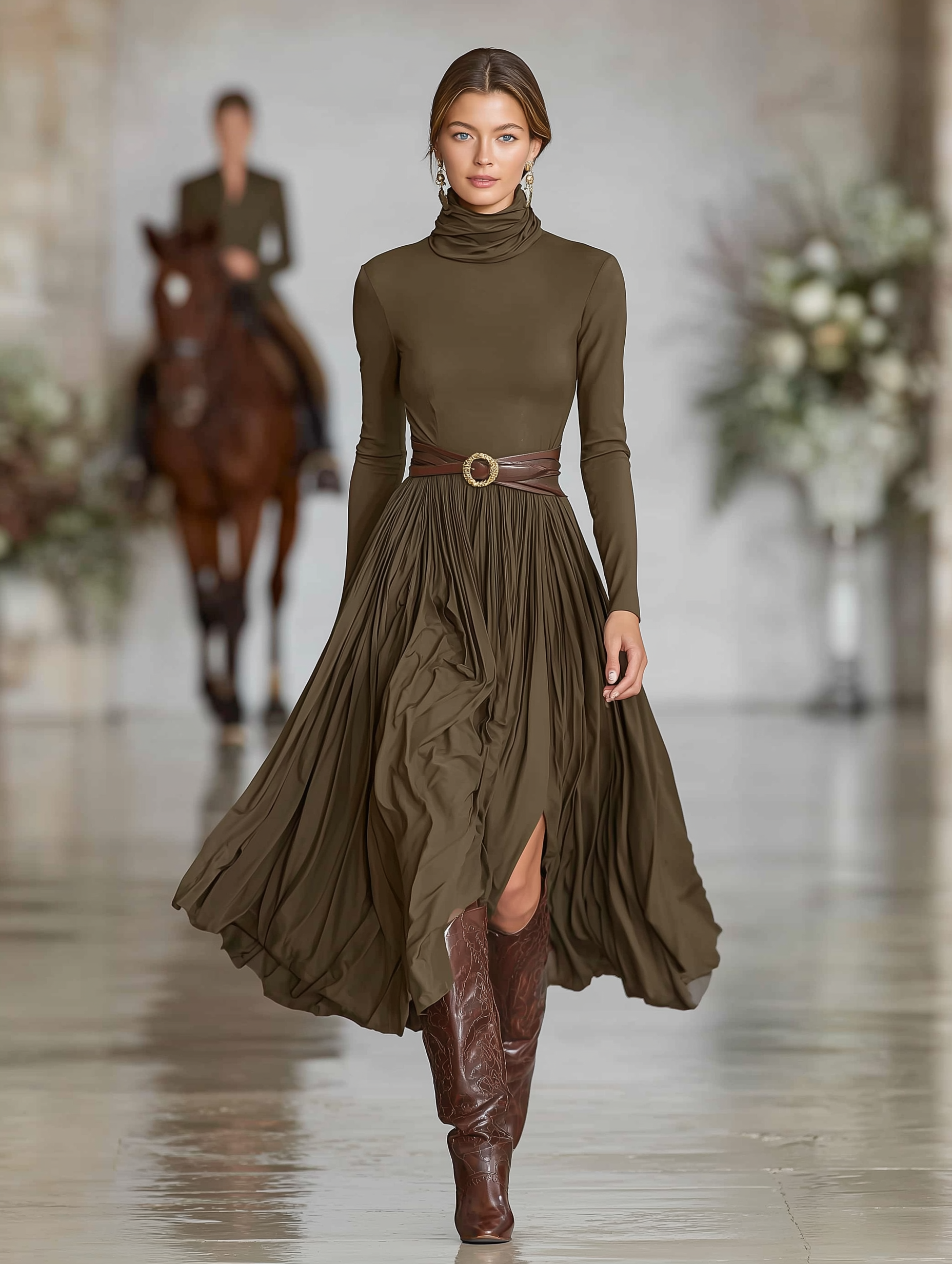 Women's Fashionable Military Green Knitted Turtleneck Long-sleeved Slim-fit Midi Dress (belt Not Included) MDA1702L6AN