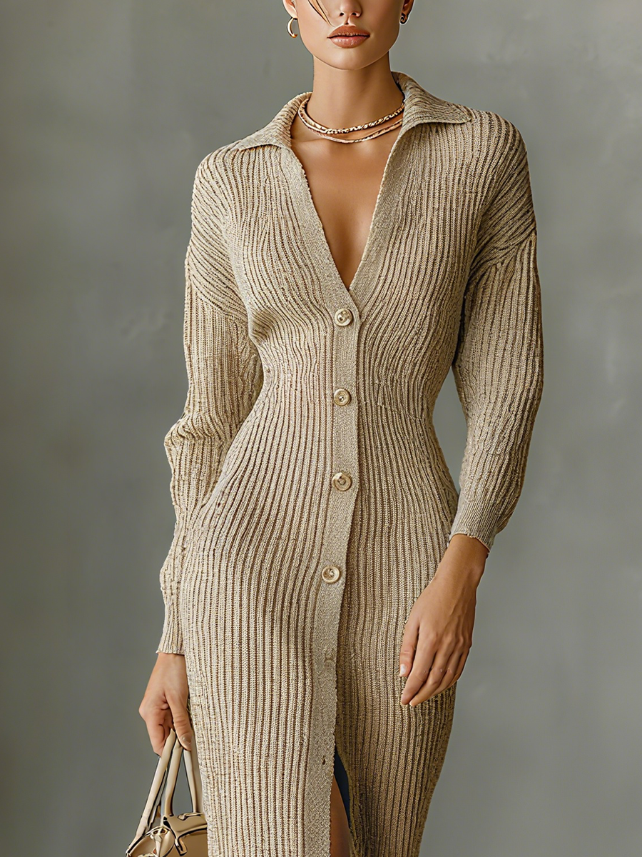 Women's Beige Knitted Simple Cardigan Maxi Dress MDA1573I2T