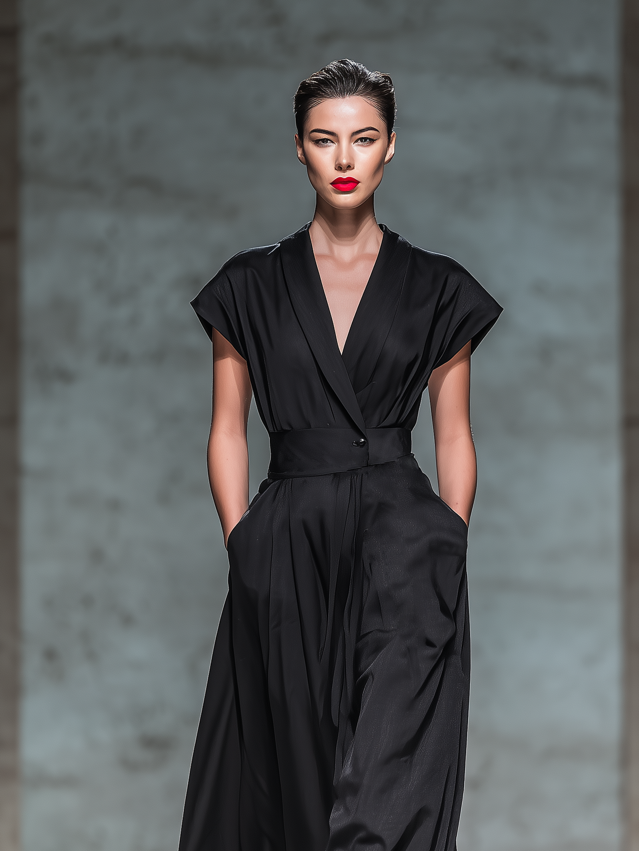 Women's Elegant Black Satin Short-sleeved Shirt-collar Maxi Dress MDZ0889A9AN