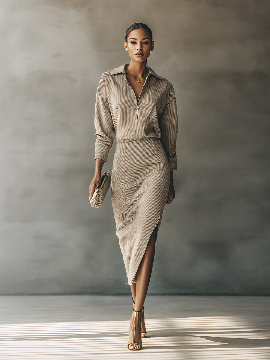 Women's Beige Striped Sophisticated Cotton Blended Zip - Front Skirt Set MDA1186H8I