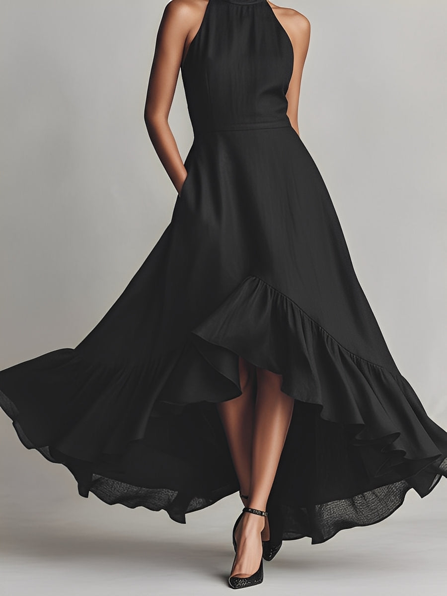 Women's Black Woven Dress With Halter Neck & Ruffled High-Low Skirt, Timeless Sleek-Elegant Style Dress MDZ0625A4I
