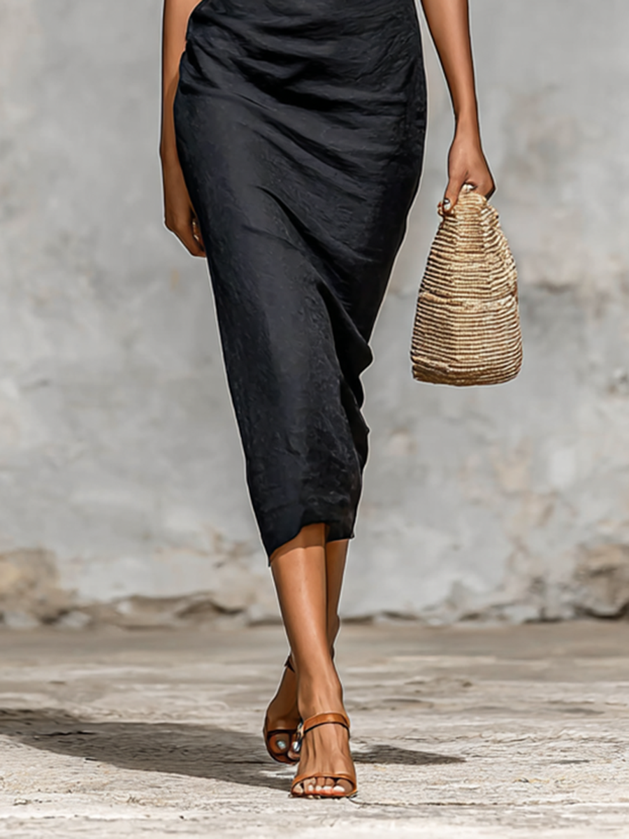 Ladies Solid Color Lapel V-neck Short Sleeve Waist Midi Dress MDA1404G5Y