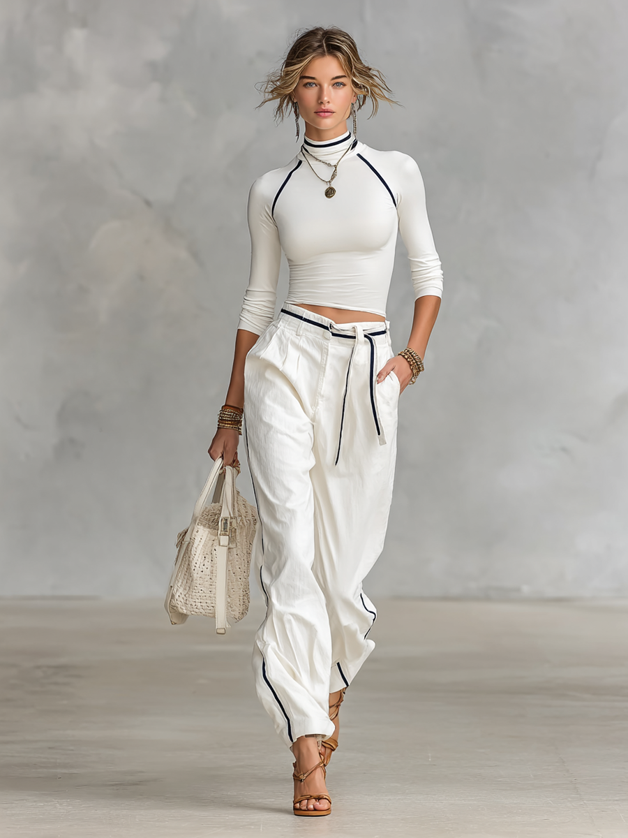 Women's Casual Half-high Collar Long-sleeved T-shirt Straight Pants Two-piece Set MDA2527G5Y