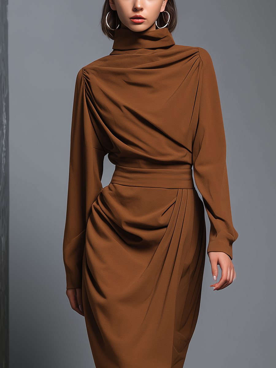 Women's Caramel Matte Satin Pleated Waist-cinching Midi Dress MDA0401K7T