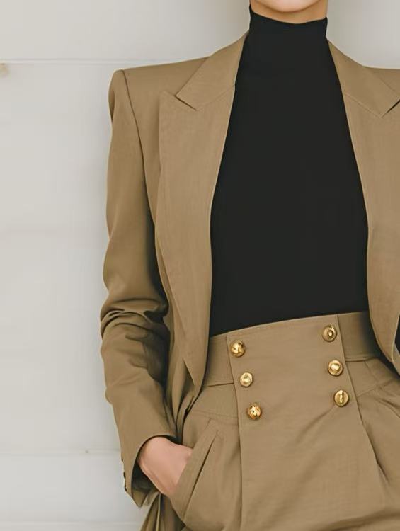 Sophisticated And Elegant Khaki Peak Lapel Suit And Skirt Set For Women, Featuring Gold Buttons MDA0512K4AN