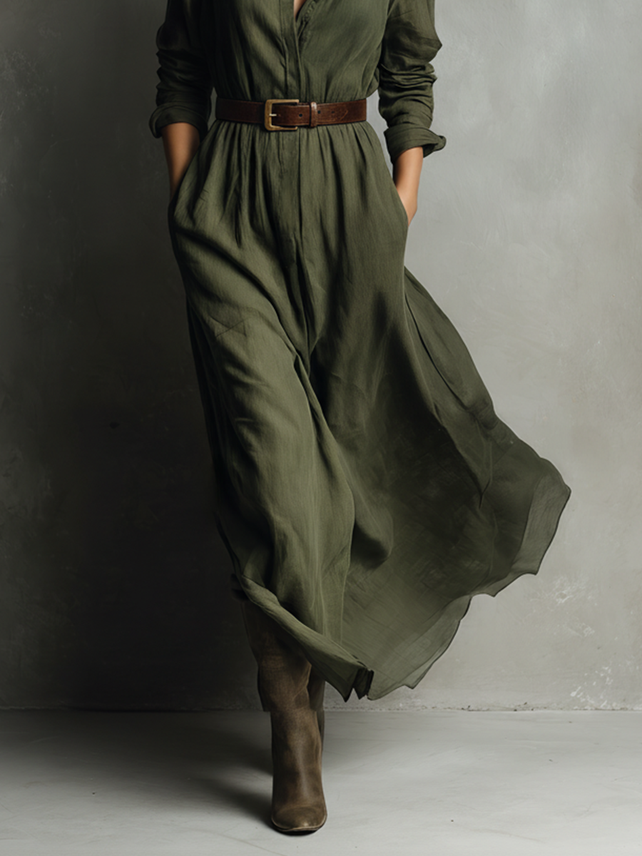 Women's Olive Green Cotton And Linen Blend Collared Long Dress With A Tie Waist MDA0877L8T
