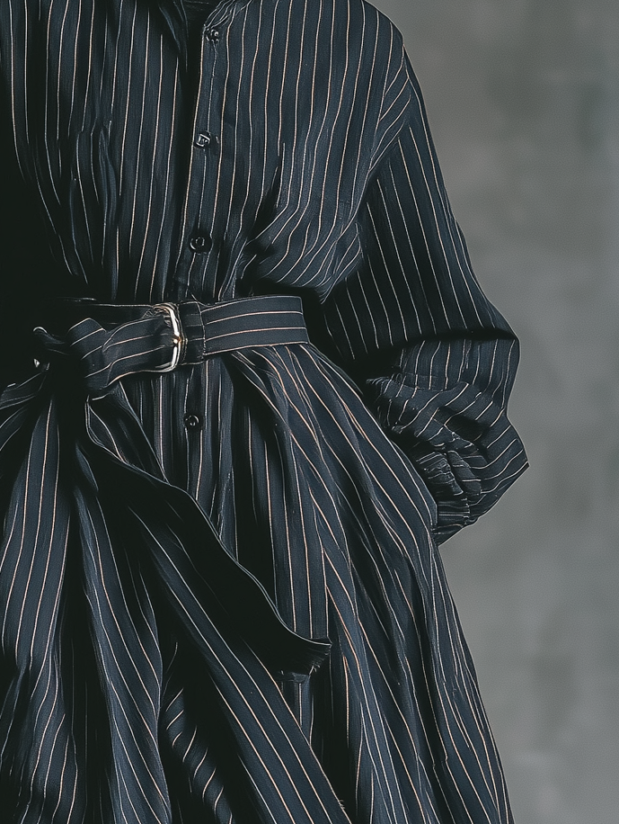 Women's Casual And Stylish Navy Blue Striped Loose-fitting Long-sleeved Shirt Dress MDA1110K2AN