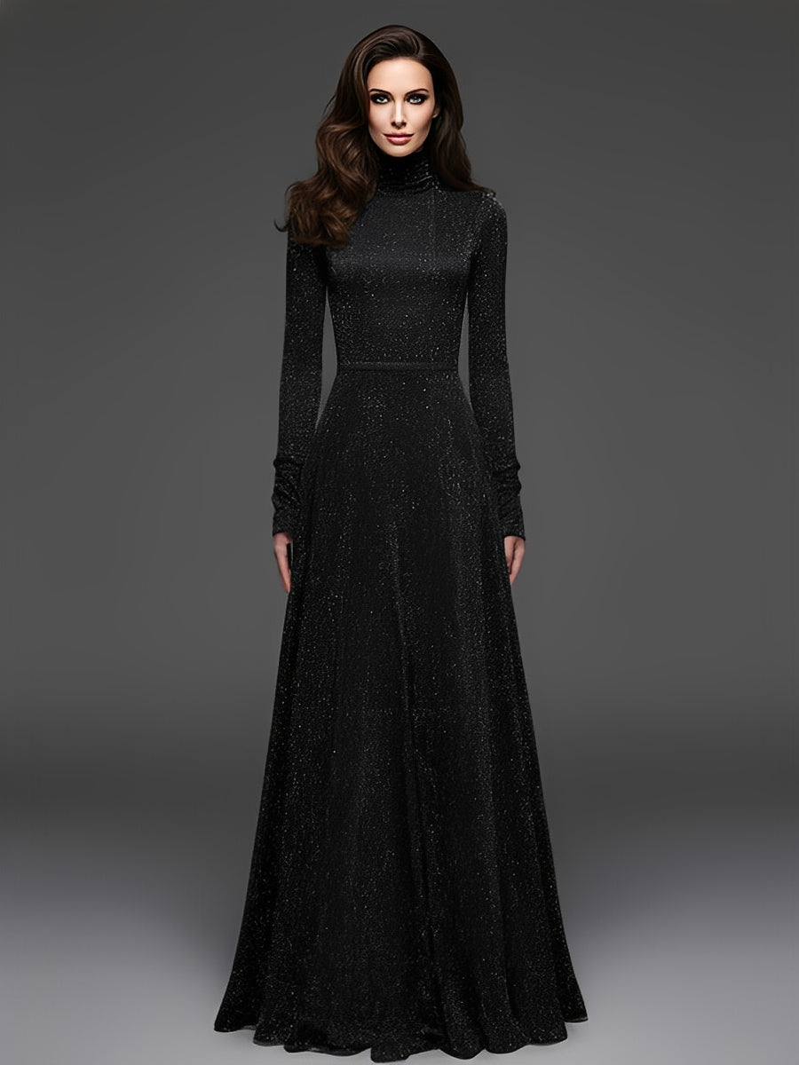 Women's Black Glittery Knit Elegant Maxi Dress With Turtleneck & Long Sleeves, Glamorous Evening Dress MDA3021J7I