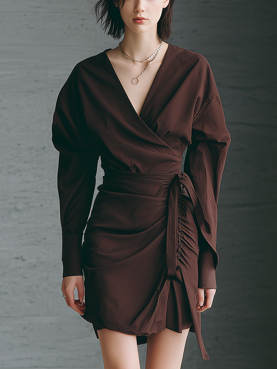 Women's Dark Brown Cotton Blend V-Neck Tie-Waist Mini Dress MDA0471K0T