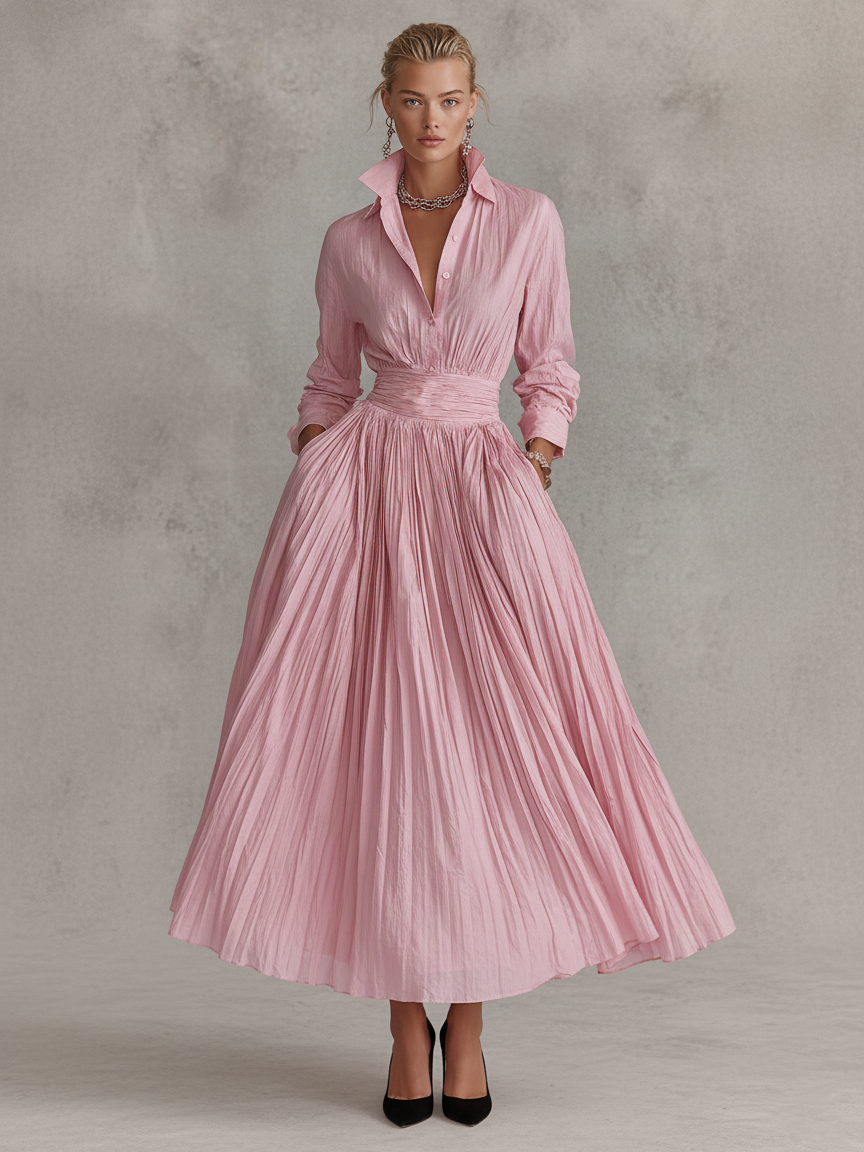 Women's Pure Cotton Shirt Collar Pleated Maxi Dress MDA0625K8Y