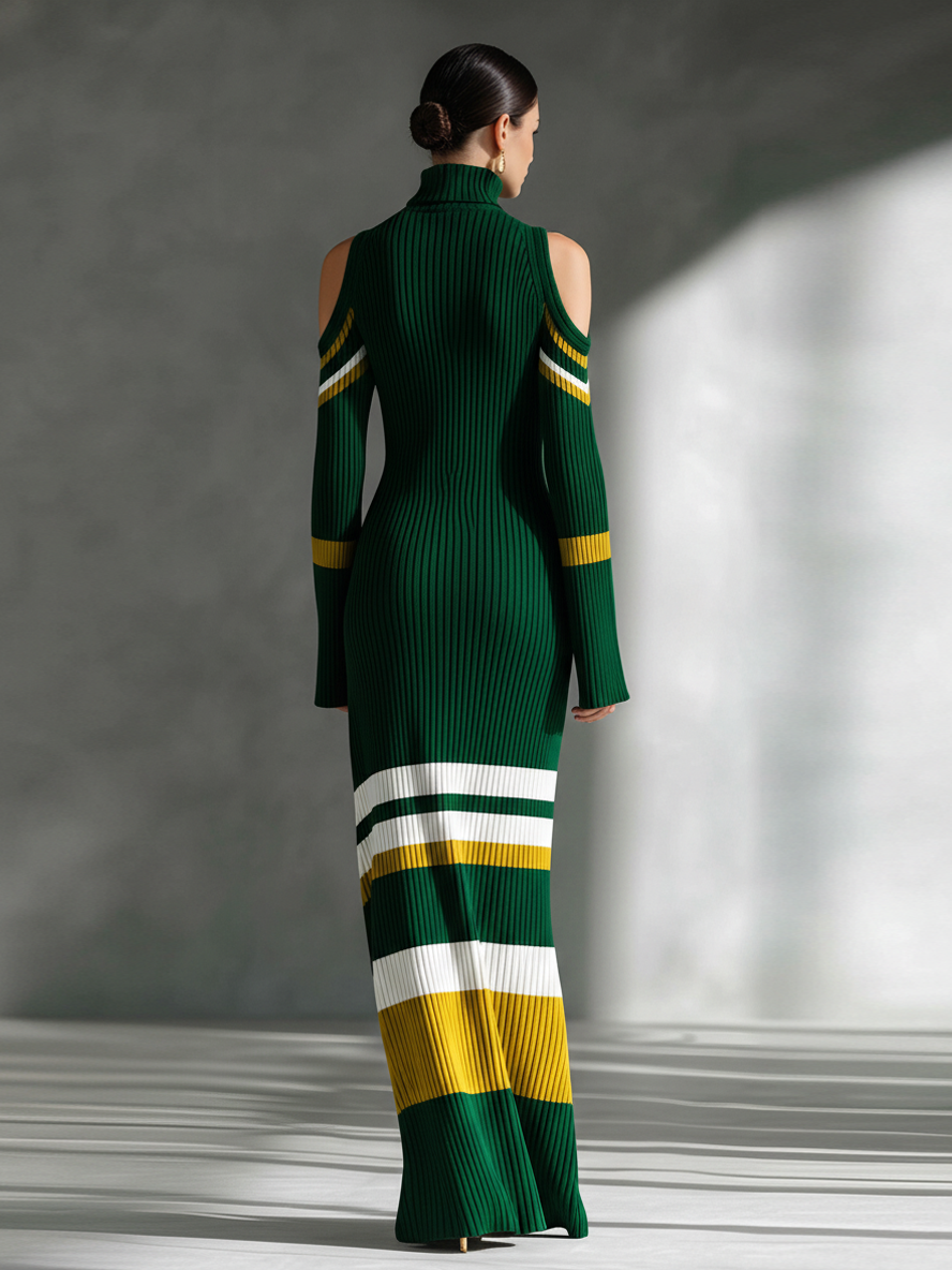 Women's Bold Knit Forest Green Turtleneck Cold-Shoulder Striped Maxi Dress MDA1707L0AU