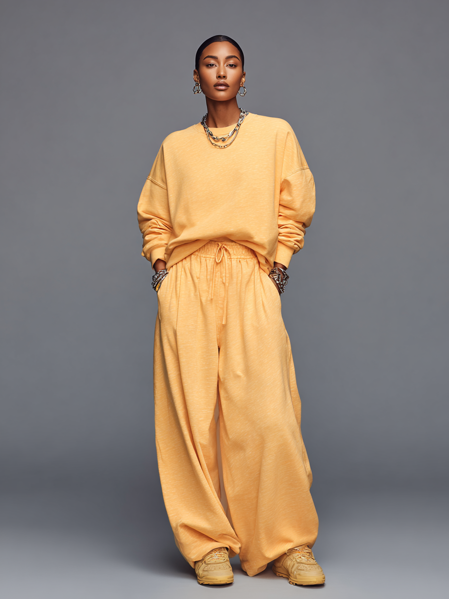 Women's Loose Solid Color Round Neck Sweatshirt And Sweatpants Set MDA1244H4Y
