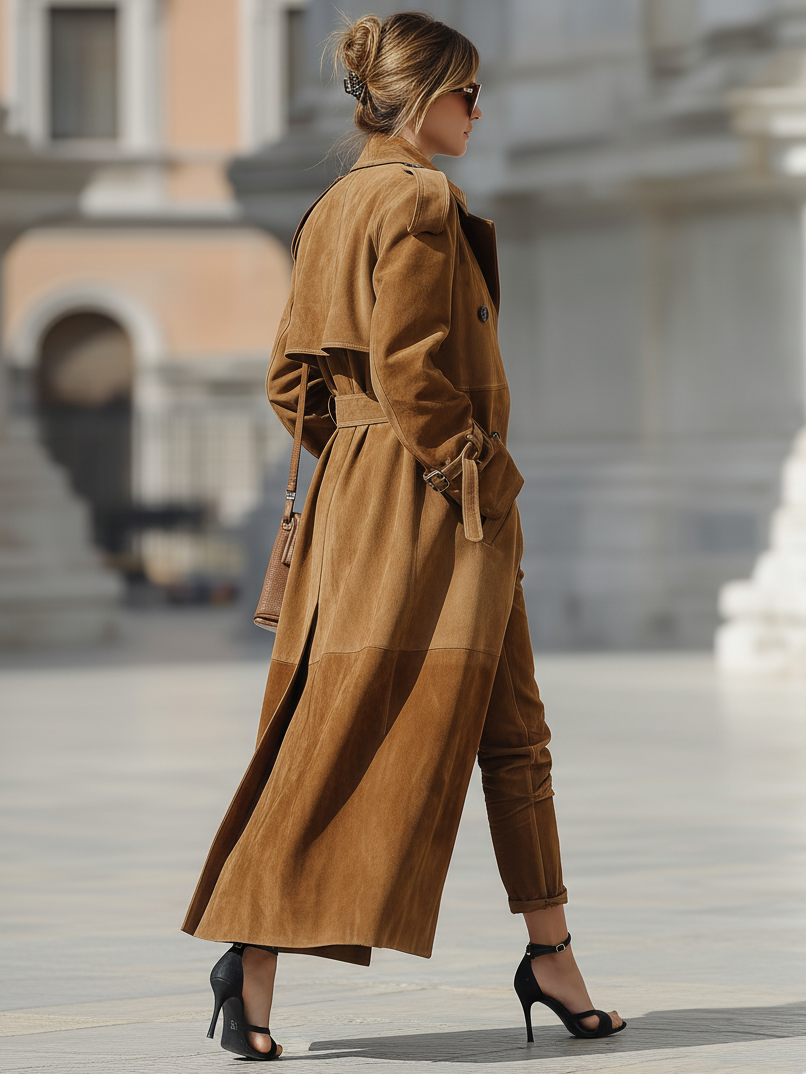Women's Fashion Faux Suede Stitching Double-Breasted Long Trench Coat MDA2403I5Y