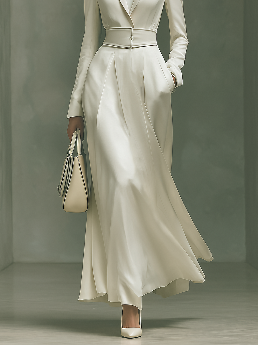 Women's Off-white Satin Suit Collar A-line Skirt Simple Maxi Dress MDA0993I6T