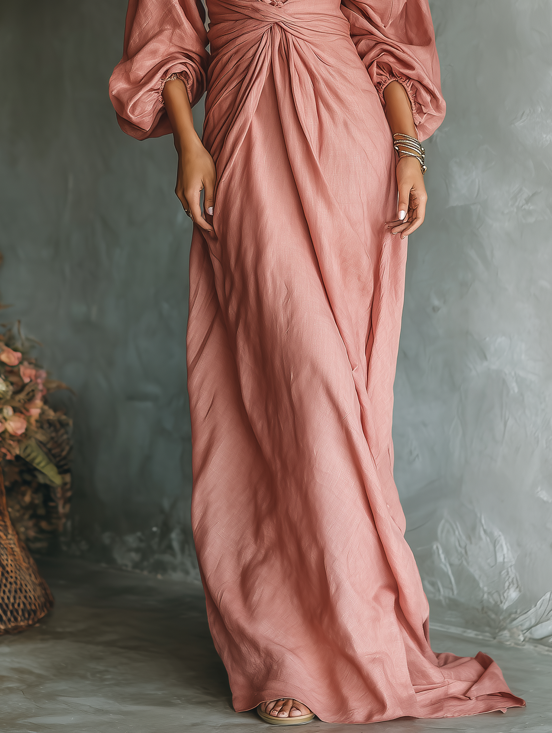 Women's Minimalist Linen Blend V-neck Maxi Dress MDA1695L4Y