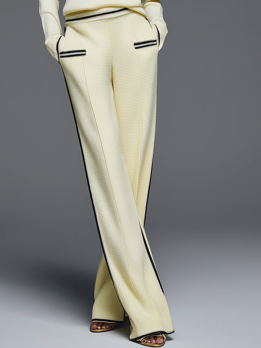 Women's Classy Knit Contrast - Trim Polo & Wide - Leg Pant Set MDA0416H8I