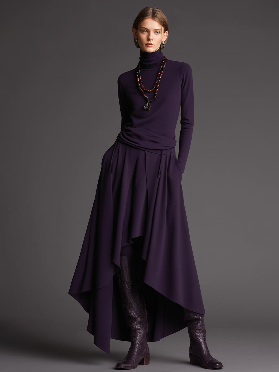 Women's Purple Soft Knit Elegant Set With Turtleneck Top & Asymmetric Maxi Skirt, Boho-Chic Style Set MDA3044J1I