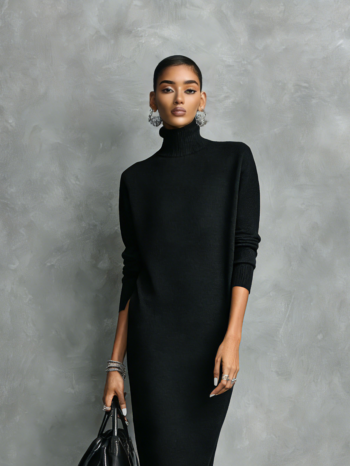 Women's Elegant Black Knitted Turtleneck Long-sleeved Loose-fitting Mi