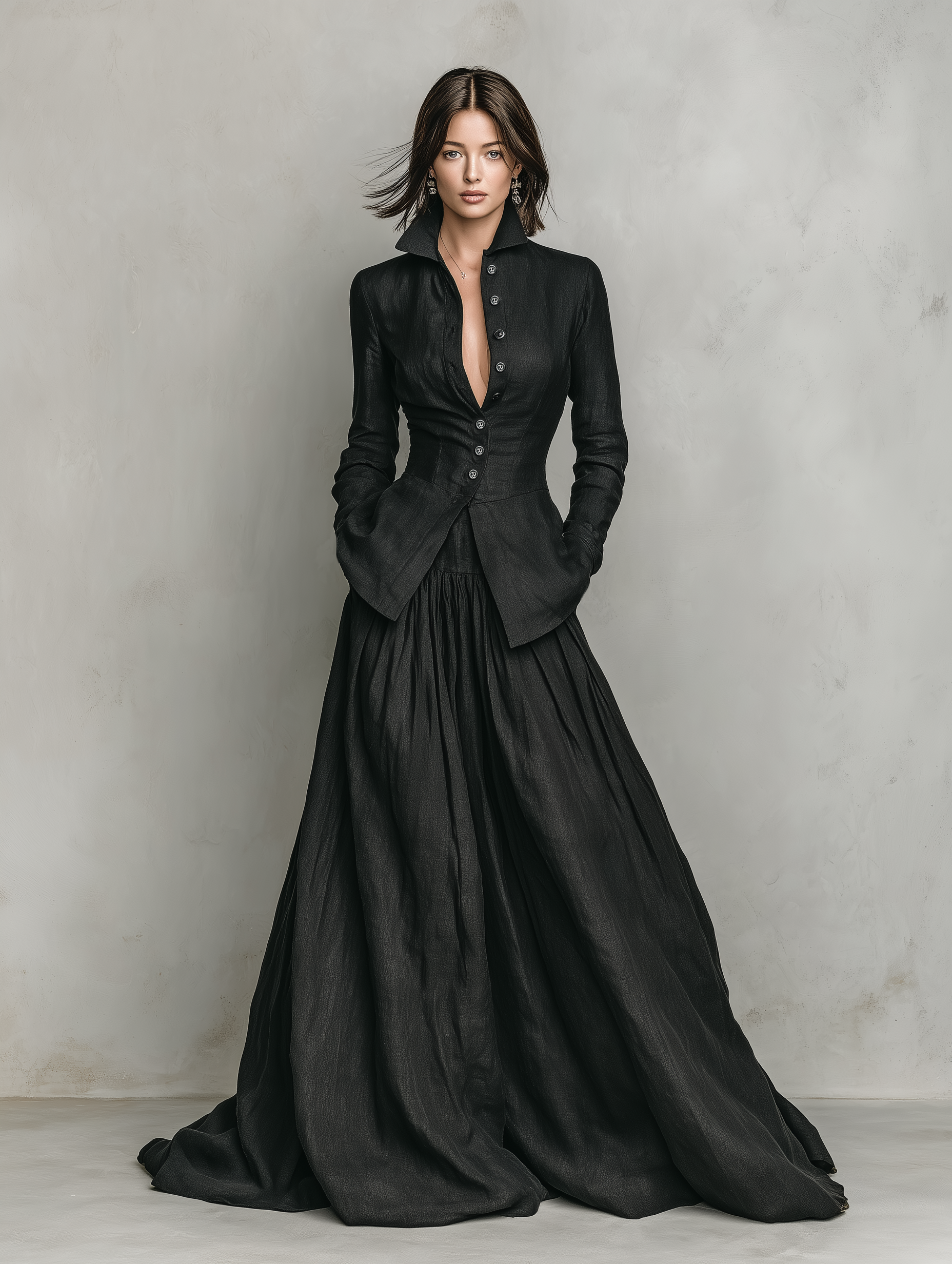 Women's Minimalist Cotton And Linen Single-breasted Shirt And Floor-length Skirt Set MDA2763K4Y