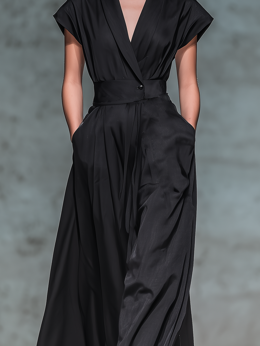 Women's Elegant Black Satin Short-sleeved Shirt-collar Maxi Dress MDZ0889A9AN