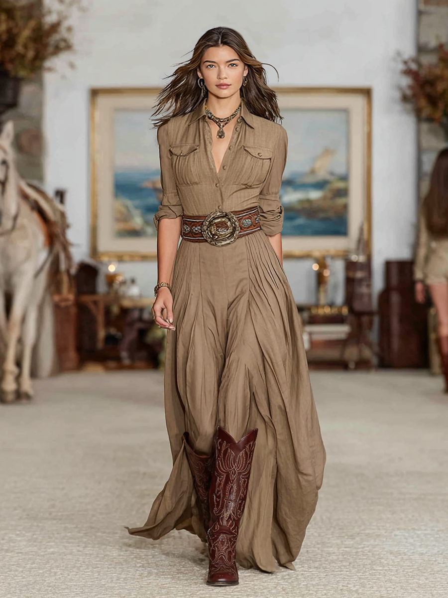 Women's Cotton And Linen Blend Chest Pocket Long Sleeve Single-breasted Maxi Dress (without Belt)MDA1838G3Y