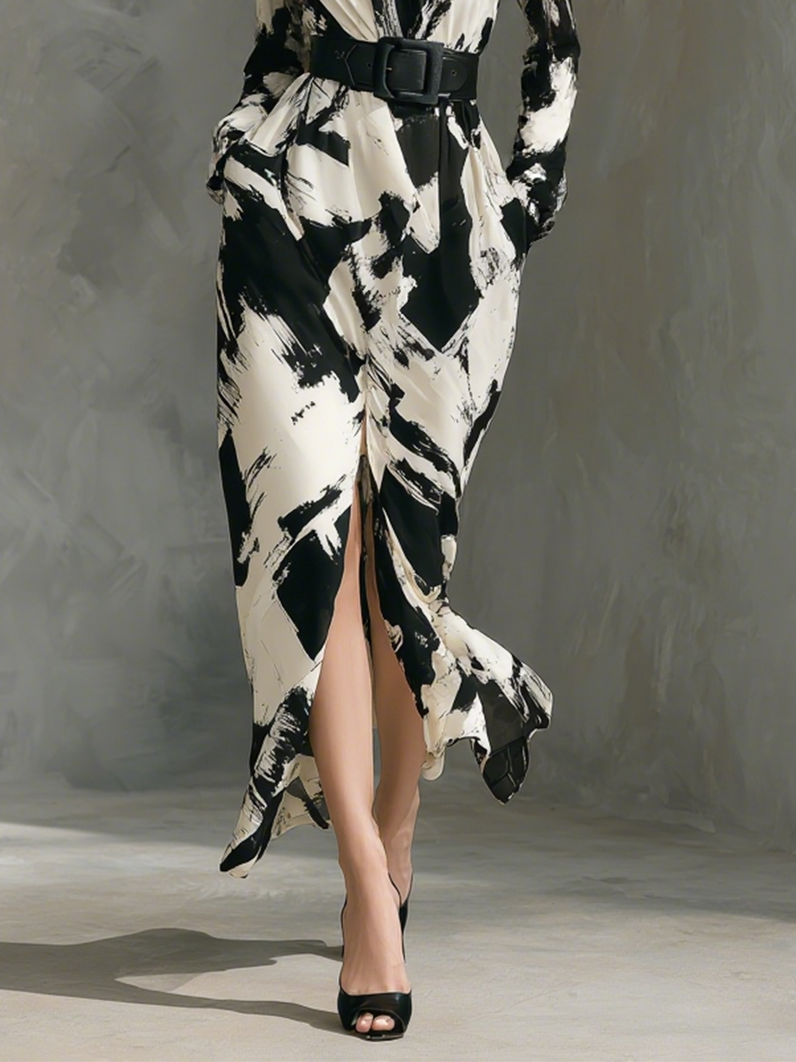Women's Black and White Printed Chiffon Maxi Dress MDA2835G1T